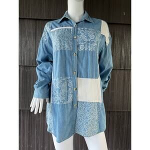 🔥Vintage 90s Vision 1 Patchwork Denim Button Shirt Boho Cottagecore Western M